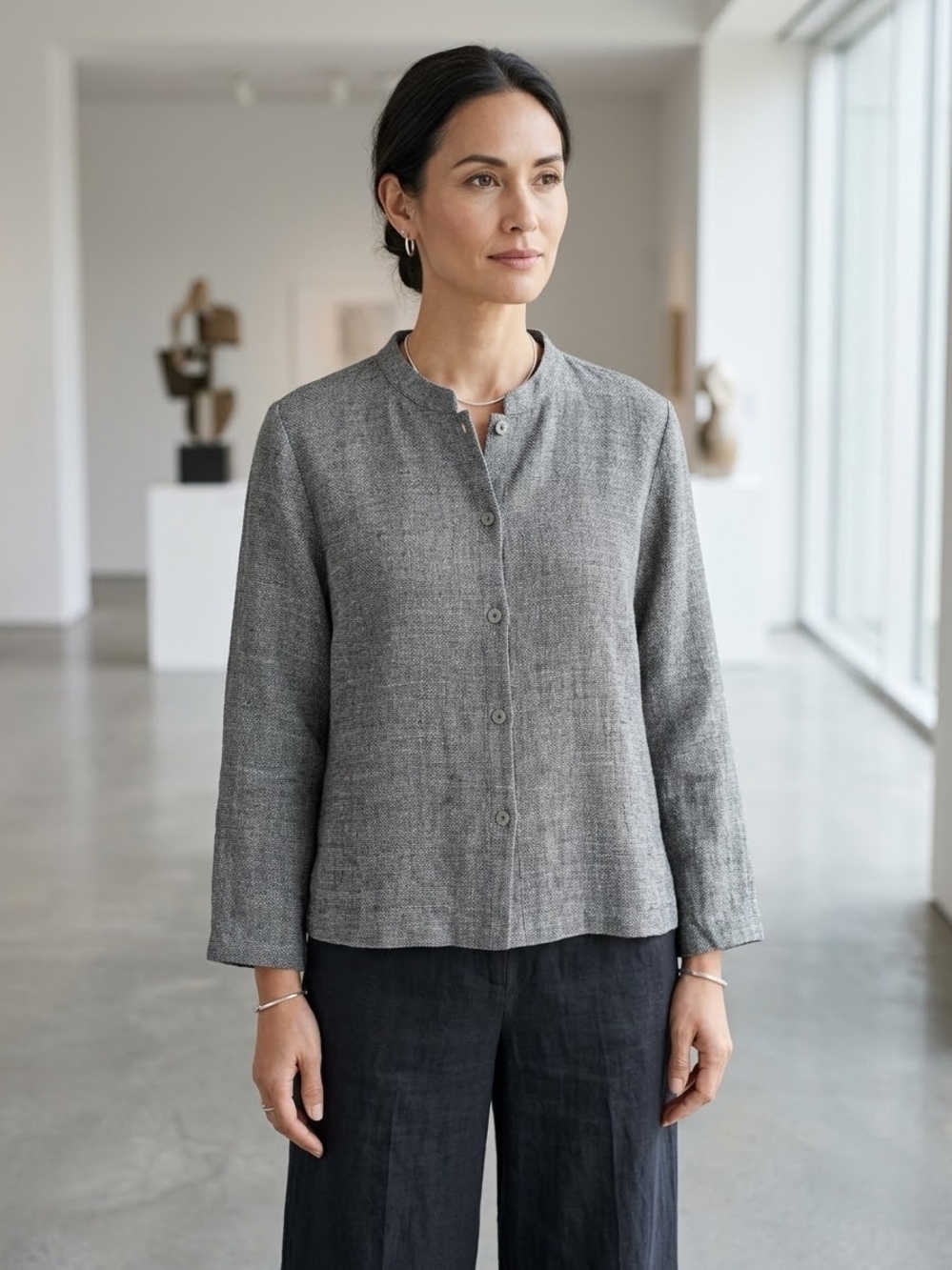 Eileen Fisher Gray Band-Collar Button-Down Linen Shirt